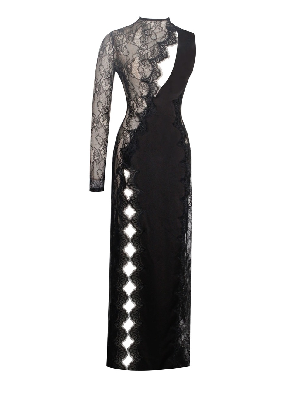 Miss Circle Weslyn Black Satin Lace High Slit Dress (NWT)